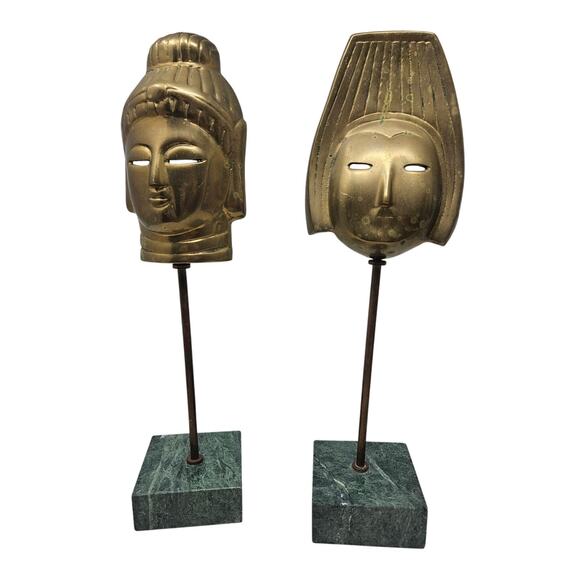 Vintage Mid Century Brass Masks Buddha Green Marble Boho Regency Asian Decor - Picture 1 of 3